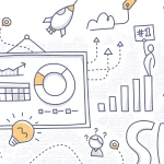 line art illustration of graphs, a globe, and magnifying glasses that depict discovery through seo