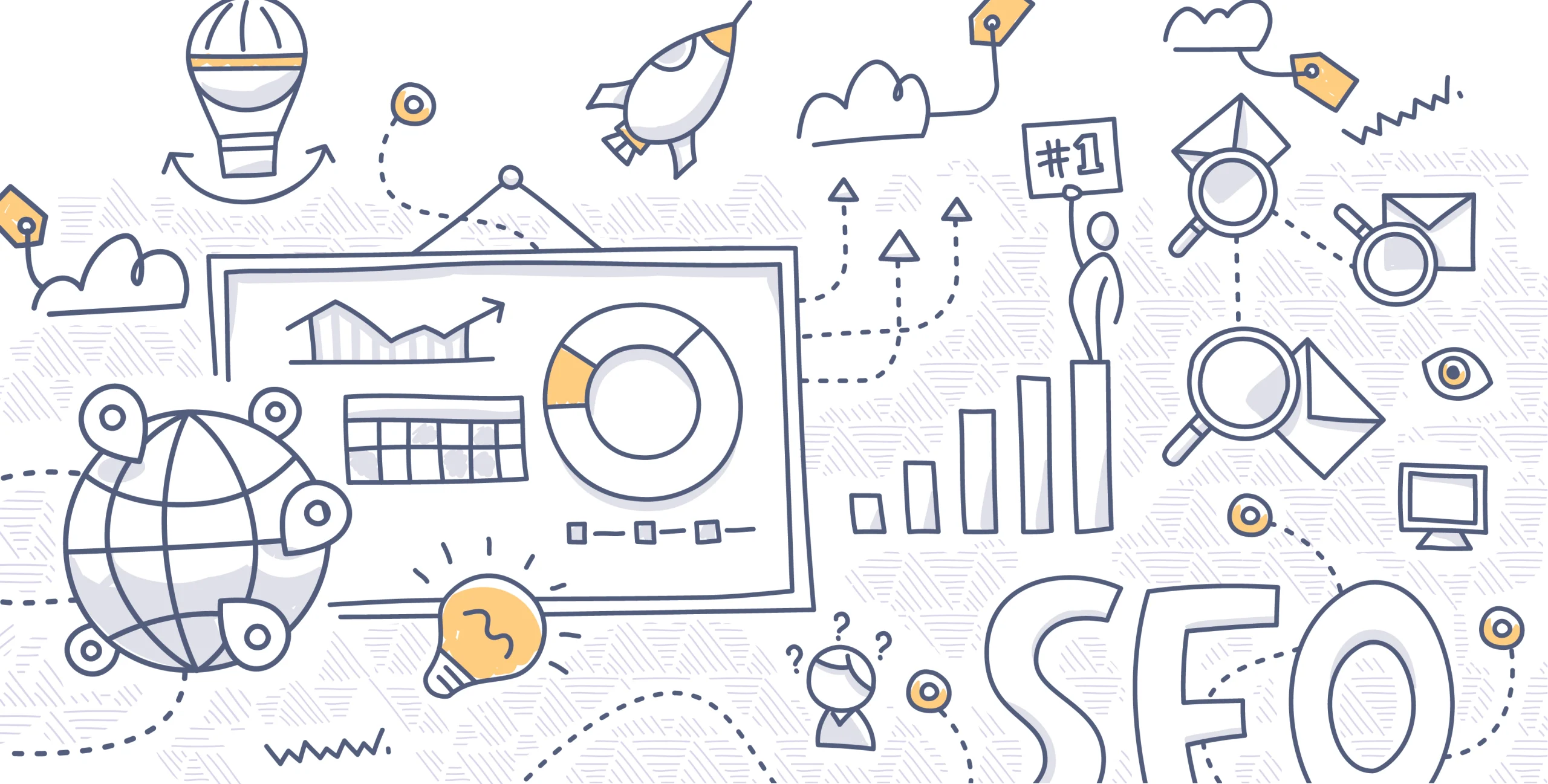 line art illustration of graphs, a globe, and magnifying glasses that depict discovery through seo