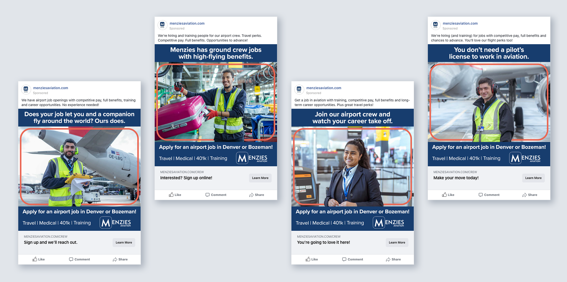 Instagram and Facebook ads created for Menzies to drive job applications